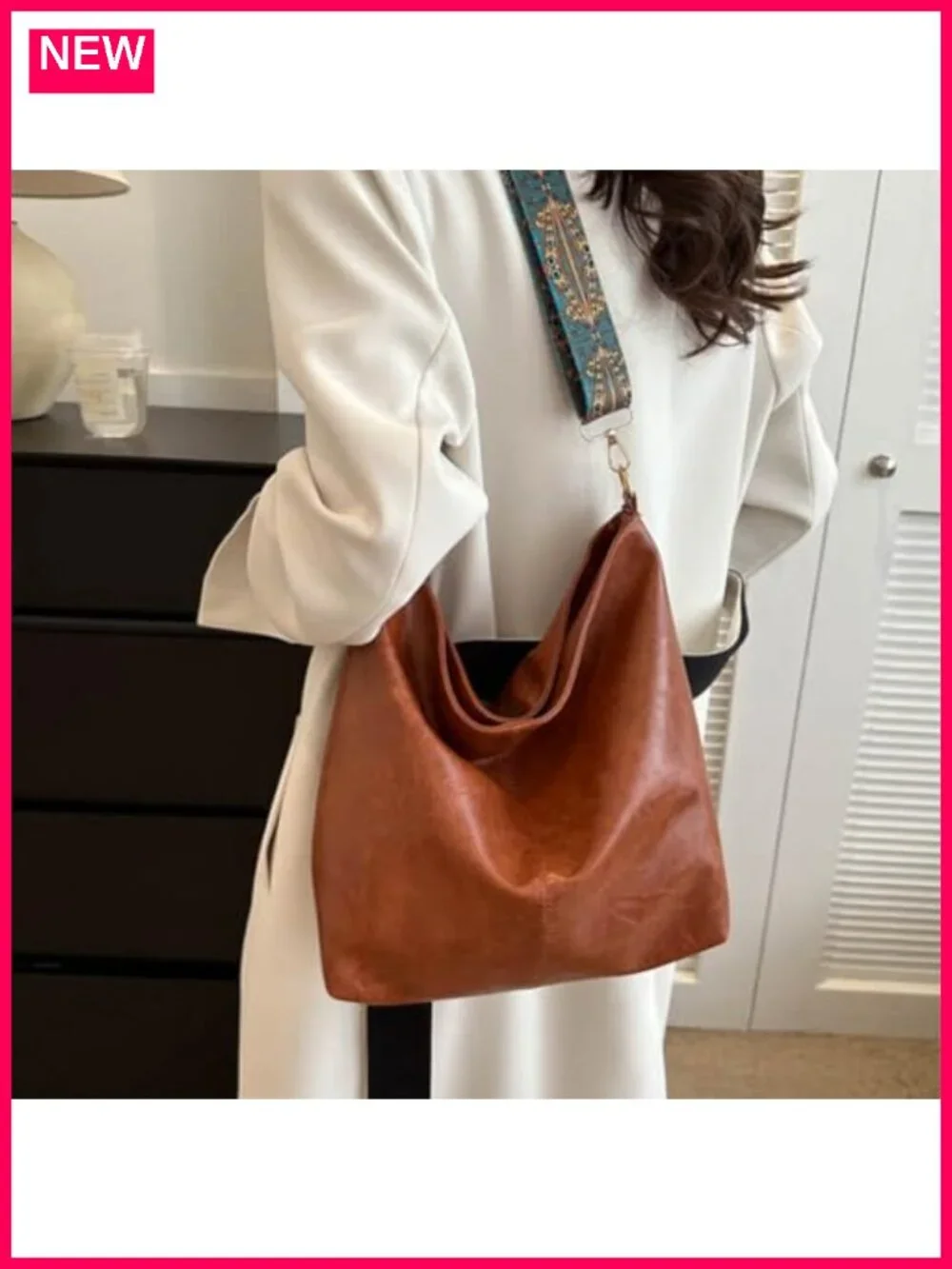 Vegan PU Leather Hobo Crossbody Bag Wide Guitar Strap Zipper Shoulder Purse